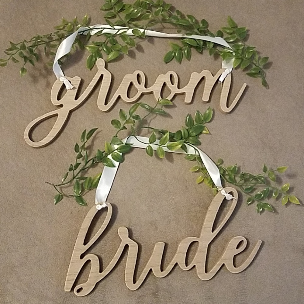 Bride and groom wood signs